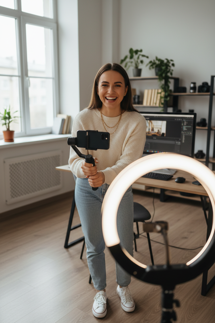 Perfect for TikTok and YouTube. No more awkward angles filming alone.  根据作者的描述  生成他的一样人像